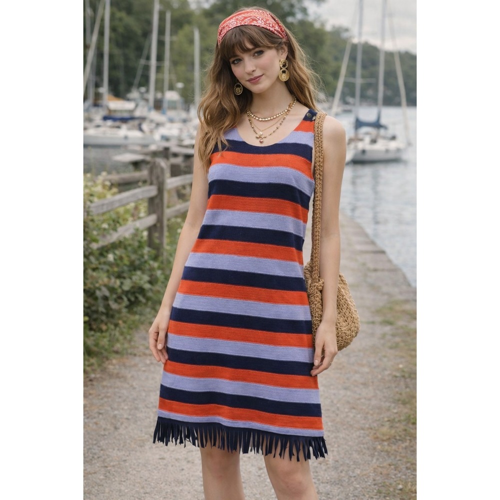 Tory Burch Arianna Sleeveles Striped Fringe Body Dress Multi Colored Cotton Sz M